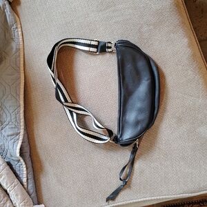 Black Leather Crossbody Bag with Striped Strap